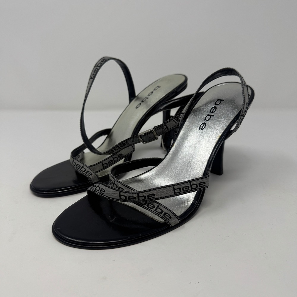 Bebe Y2K Logo Monogram‎ Strappy Sandals Womens 6M Black Silver Stiletto Heel